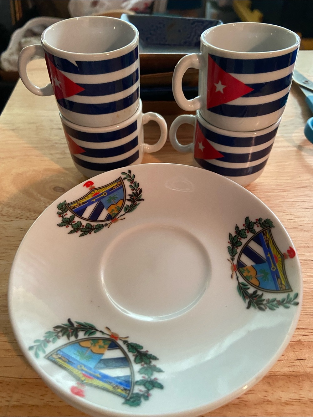 Decorative White Saucer and Navy Blue Striped Espresso Cups Set (Cuban flag)